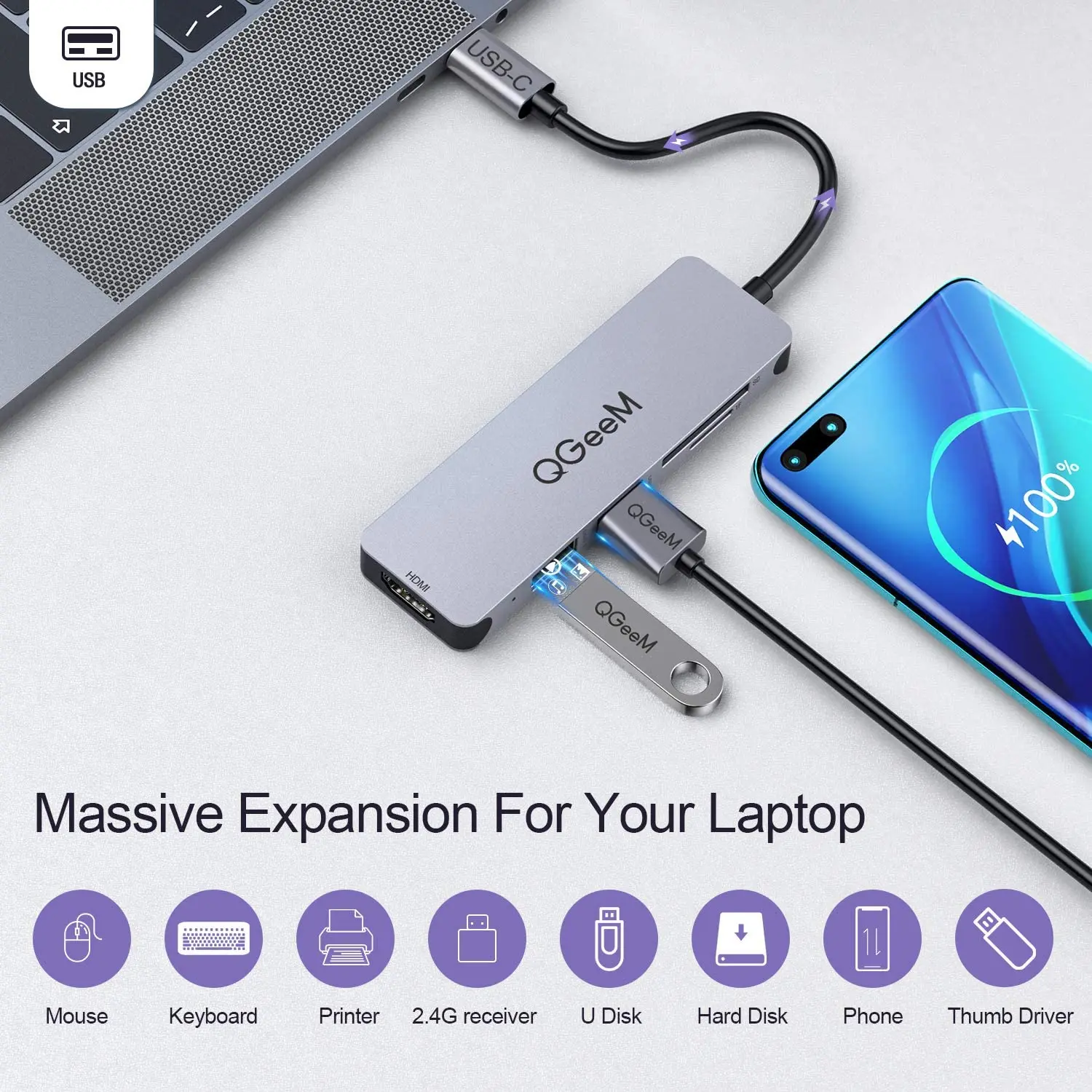  QGeeM 5 in 1 USB C to HDMI Adapter 4k Multiport Type-C Hub Compatible with MacBook Pro 13/15 Surface