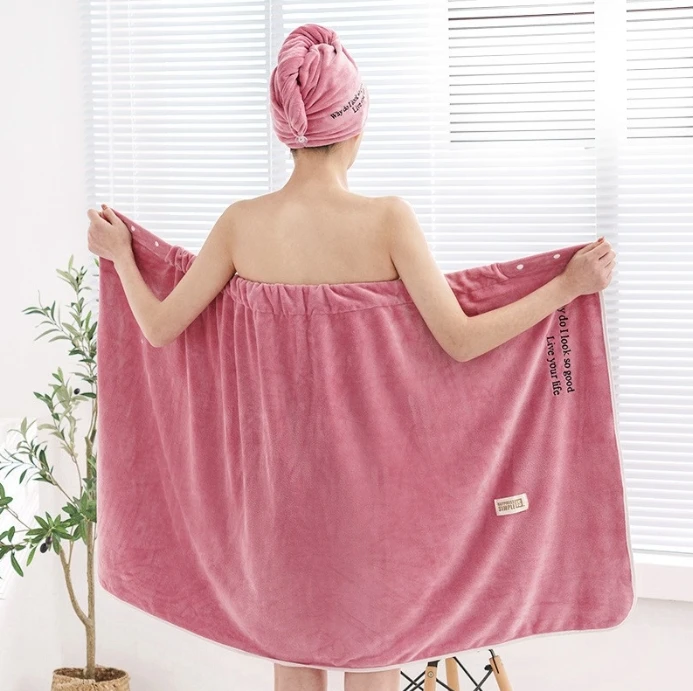 Women Soft Absorbent Microfiber Spa Wrap Bath Robe Towel  and Dry Hair Shower Cap