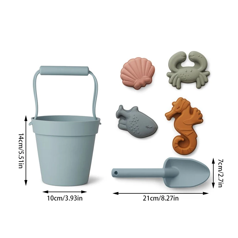 BPA Free Kids Silicone Beach Toys Shovel Beach Bucket Set 6pcs Crab Shell Sea horse Sand Molds Castle Silicon Beach Toys