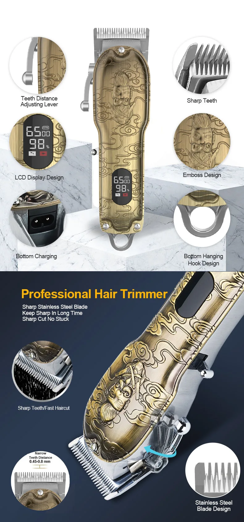 PSB rechargeable professional men electric cordless hair clipper trimmer with led display