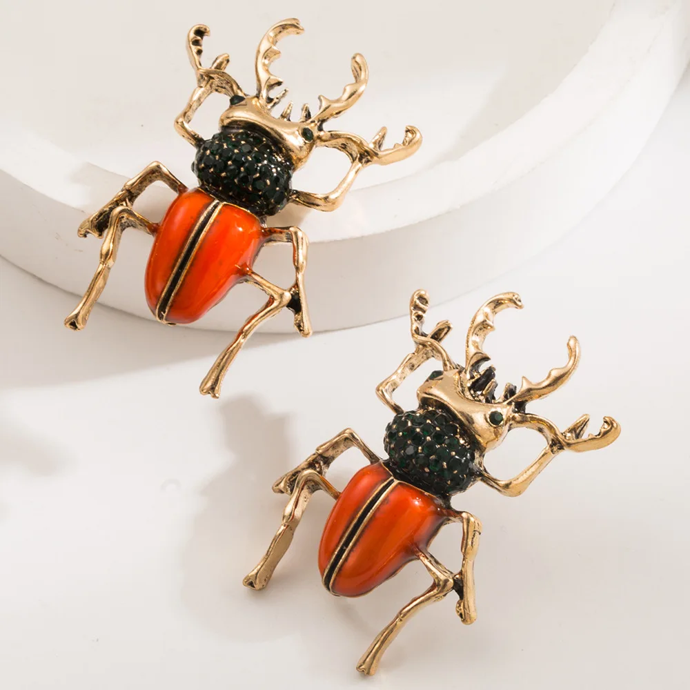 Vintage Retro Beetle Jewelry Set Rhinestone Oil Drop Simulation Insert Unisex Jewellery Earrings Necklace with Snake Chain