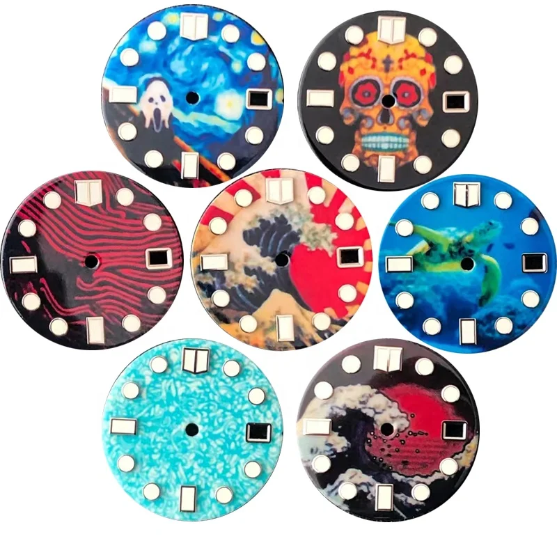 skull dial full C3 green Luminous watch accessories dial For skx007 nh36 nh35 Movement Dial 28.5mm Date nh35 case