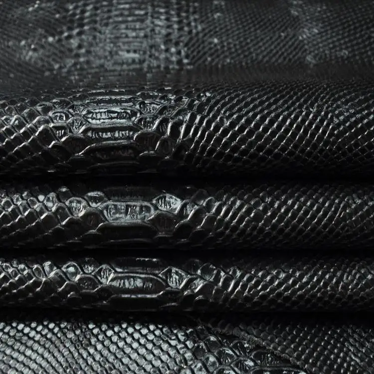 Glossy Black Molurus python skin pattern fabric knife-cut pattern cow grain skin leather for hand bags