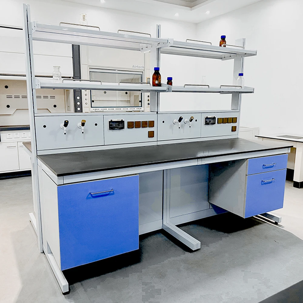 CARTMAY Custom Biotechnology Lab Workbenches Medical Laboratory Tables With Mounted Shelves And Electrical Outlet