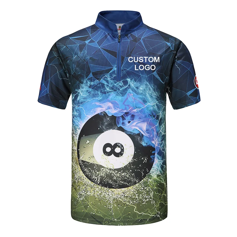 High quality wholesale 140gsm 100% polyester interlock sport theme billiard zipper custom logo sublimation tshirts for men