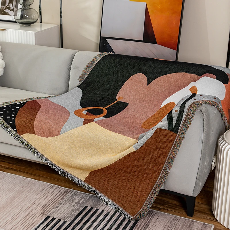 wholesale abstract thick hand woven photo plaid sofa blanket set