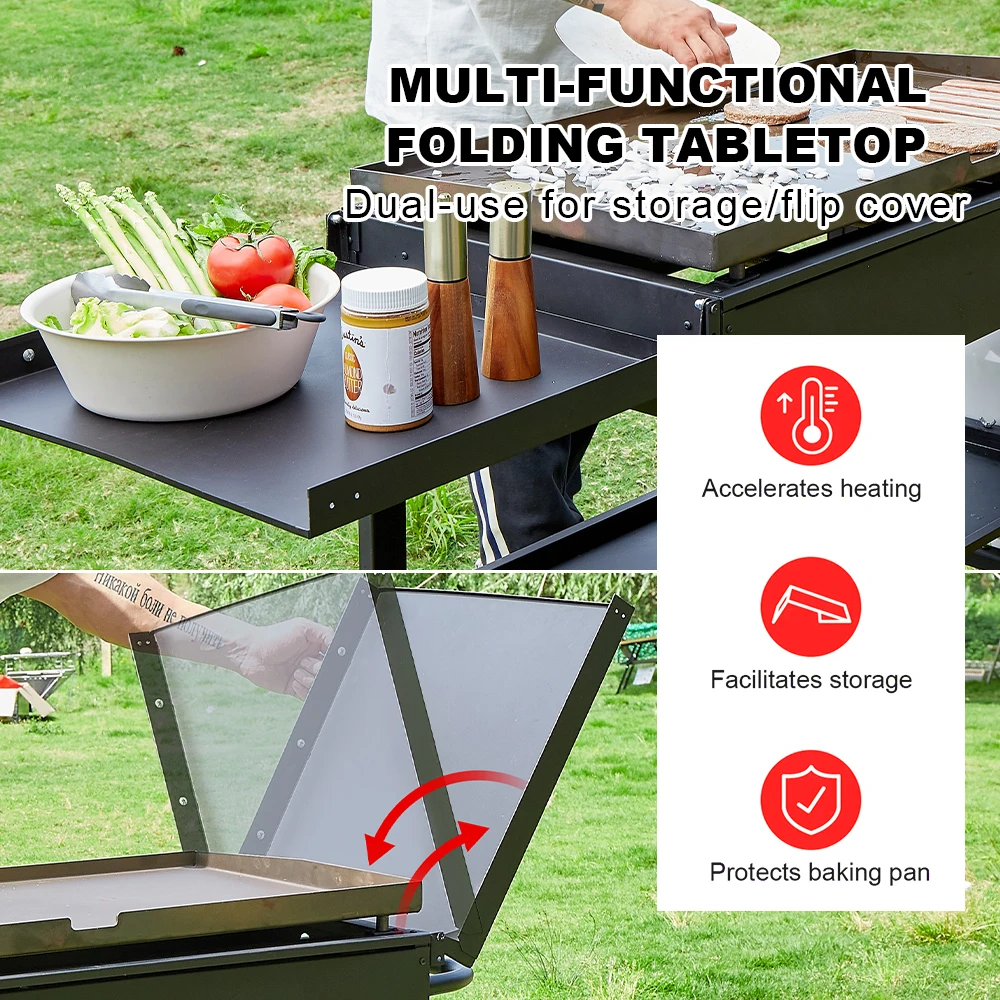 BBQ Movable Outdoor Wheel 4 Burner Fuel Folding Gas Griddle With Storage Rack Flat Tope Grills