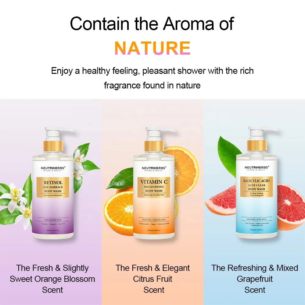Private label herbal natural skin whitening lightening liquid vitamin c body wash shower gel for men women