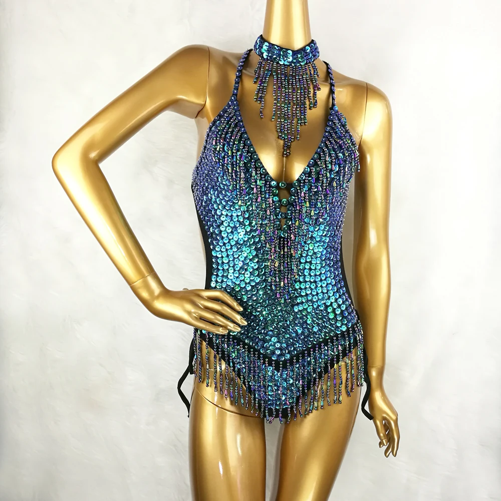 Sexy Women beading Bodysuit Sequin Swimsuit latin Belly Dance Costume Dancer One-Piece Outfit Costume Stage Performance