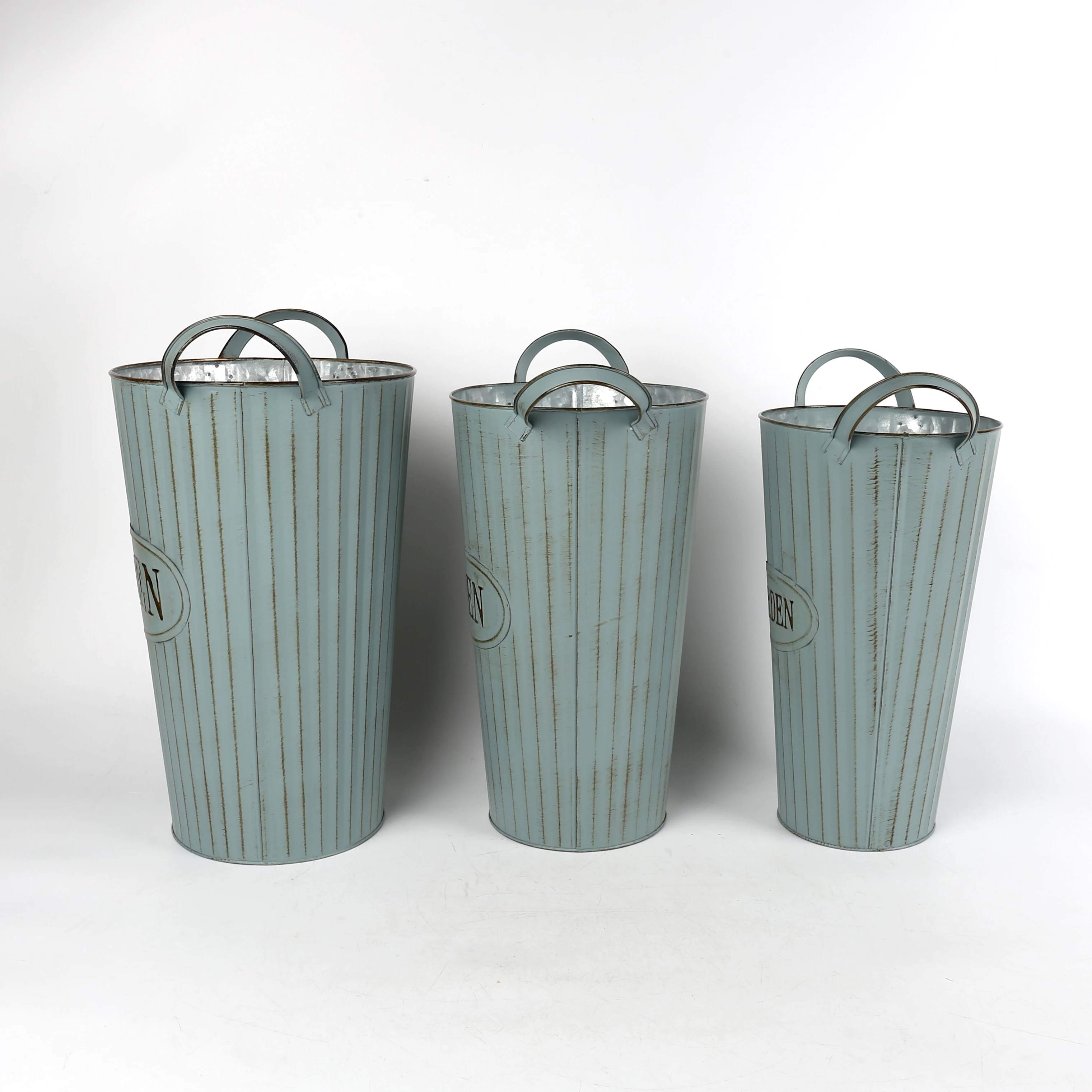 Set of three large vintage and distressed metal vases home decor flowers vase and pots
