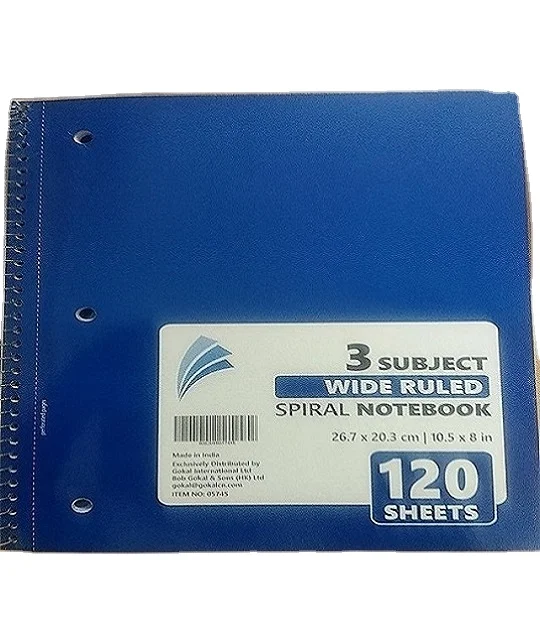Three Subject Notebooks 120 pages Spiral Binding with three hole punch and microperforation