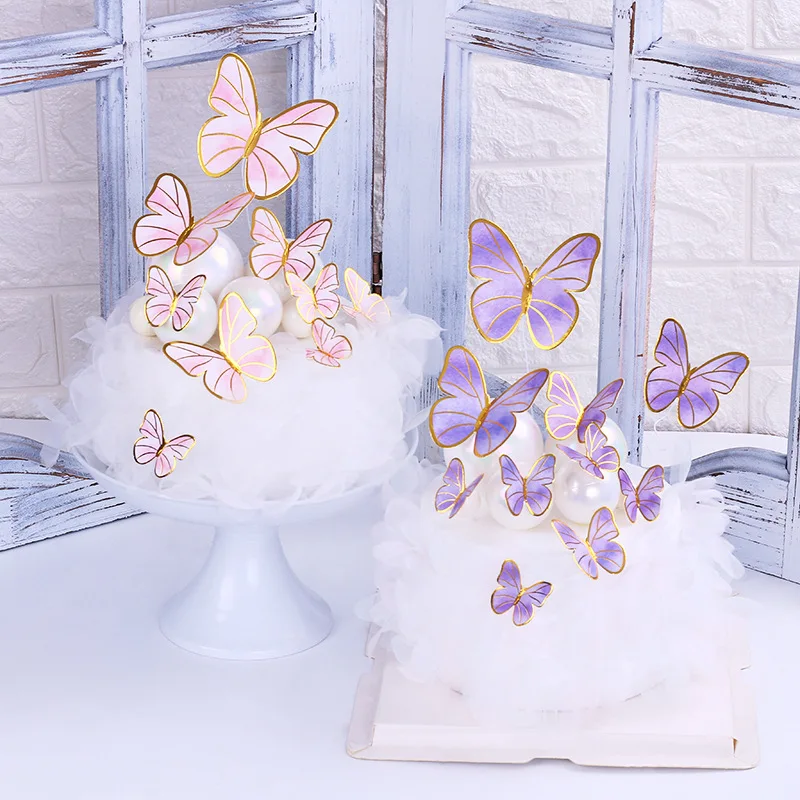 hintcan ins style DIY butterfly cake decoration Golden line 3D purple pink butterfly kits decoration for birthday party cake
