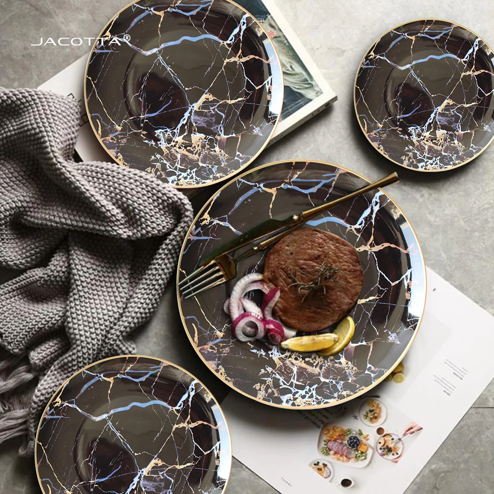 Black marble pattern bone china luxury gold rim kitchen dinnerware plates bowl cup with saucer set