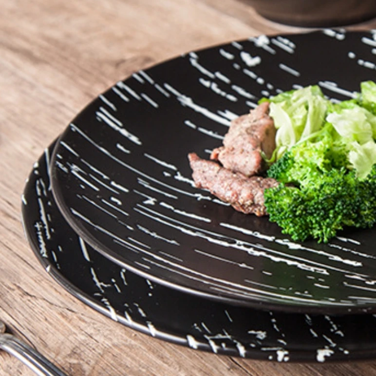 Wholesale customized ceramic dining plates 8 9 10.11 12 inch round matte black slate self-service dining plates