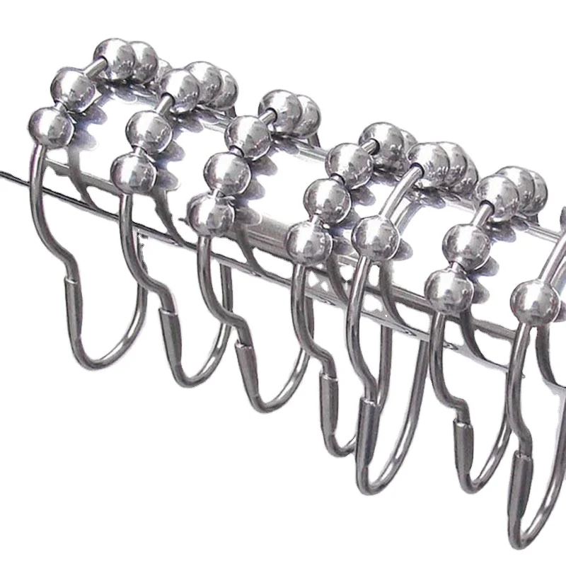New Hot 12pcs/pack Set Package Polished Satin Nickel 5 Roller Ball Shower Curtain Rings Hooks Free shipping