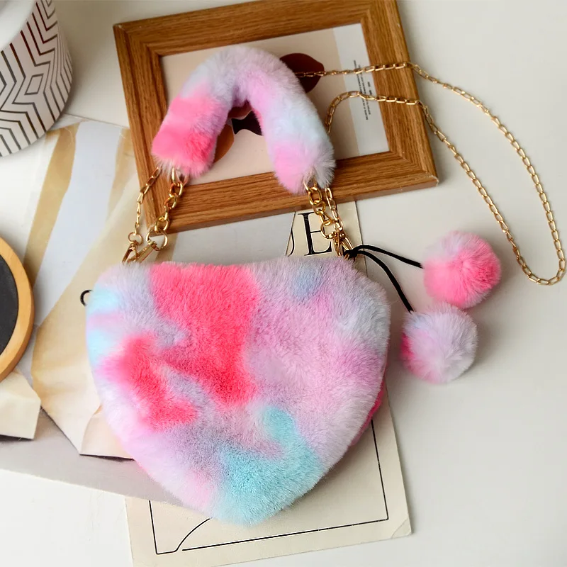 Luxury Faux Fur Heart-shaped Women Small Handbags Fluffy Plush Ladies Chain Shoulder Bag Fashion Female Furry Daily Clutch Purse