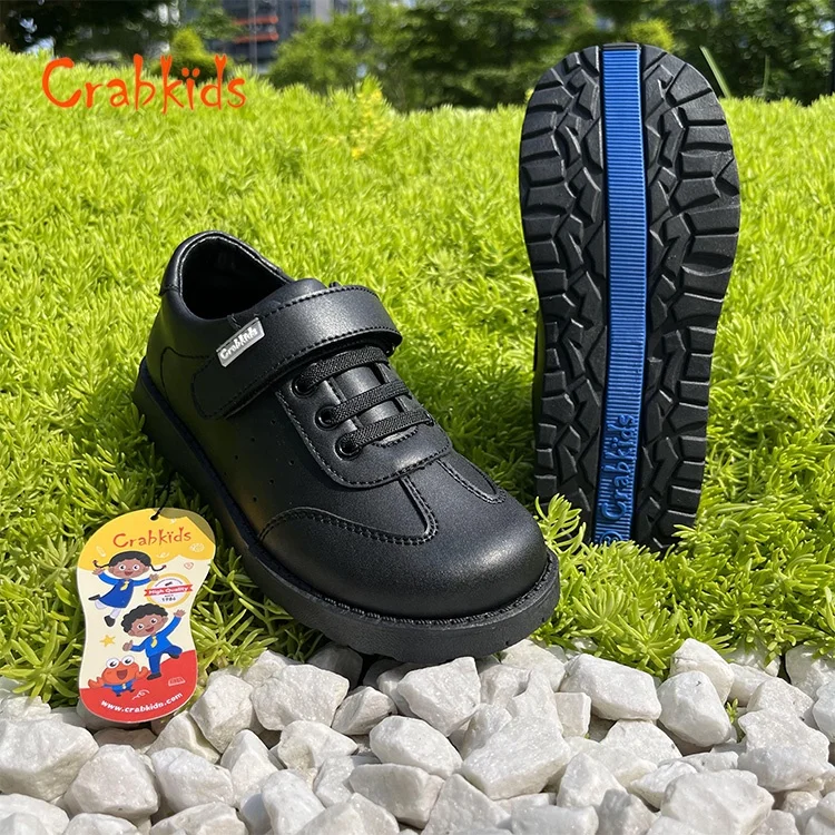 Crabkids Factory Manufacturer Water Proof Black Leather Dress Shoes School Shoes for Children