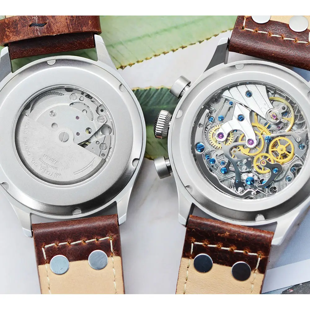 Mexda Relojes Sapphire Crystal Pilot Watches for Men Luminous 10atm Waterproof Date Display Brown Leather Strap Mens Watch