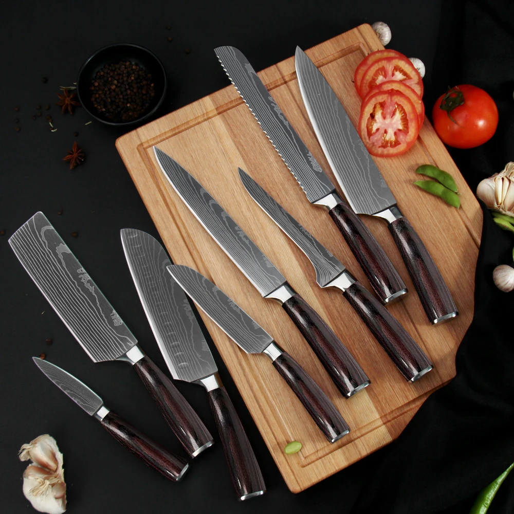 TOALLWIN cuchillo damascus laser pattern kitchen knife block set pakka wood handle knives set japanese chef kitchen knife set