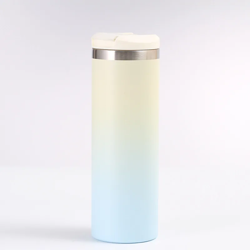 Best-selling 500ml new  304 stainless steel insulated gradient color straight cup travel car vacuum water bottle with flip cover