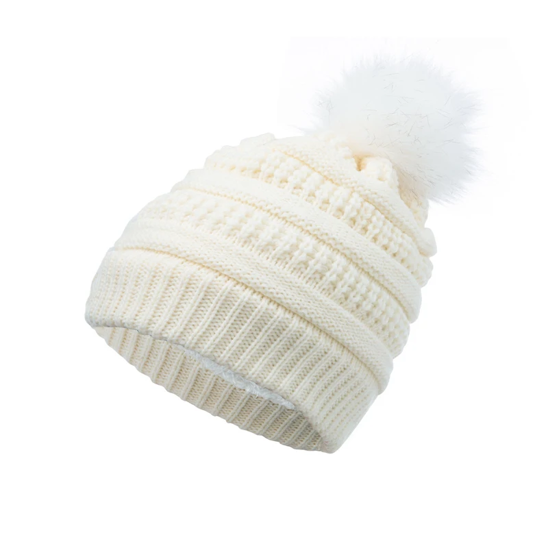 Kids Winter Embroidery Children Hat Custom Logo Baby Pom Pom Beanie Hats Beanies Fleece Lined Faux Fur Pom Warm Knit Skull Cap