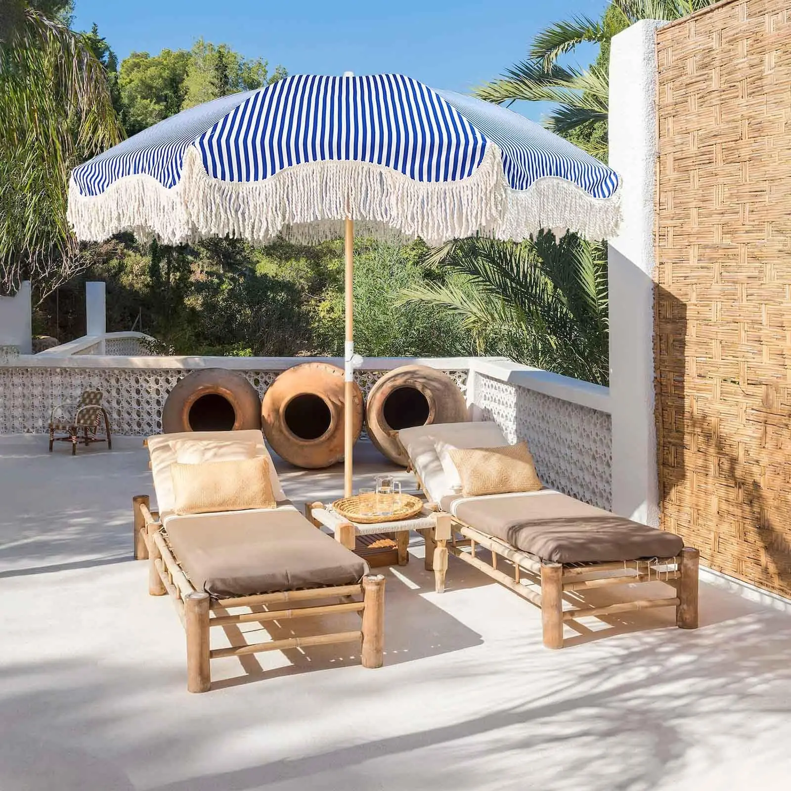 Stripe Premium Outdoor Vintage Wooden Fringe Sun Beach Umbrella Outdoor Furniture Beach Umbrella with Tassels Garden Umbrella