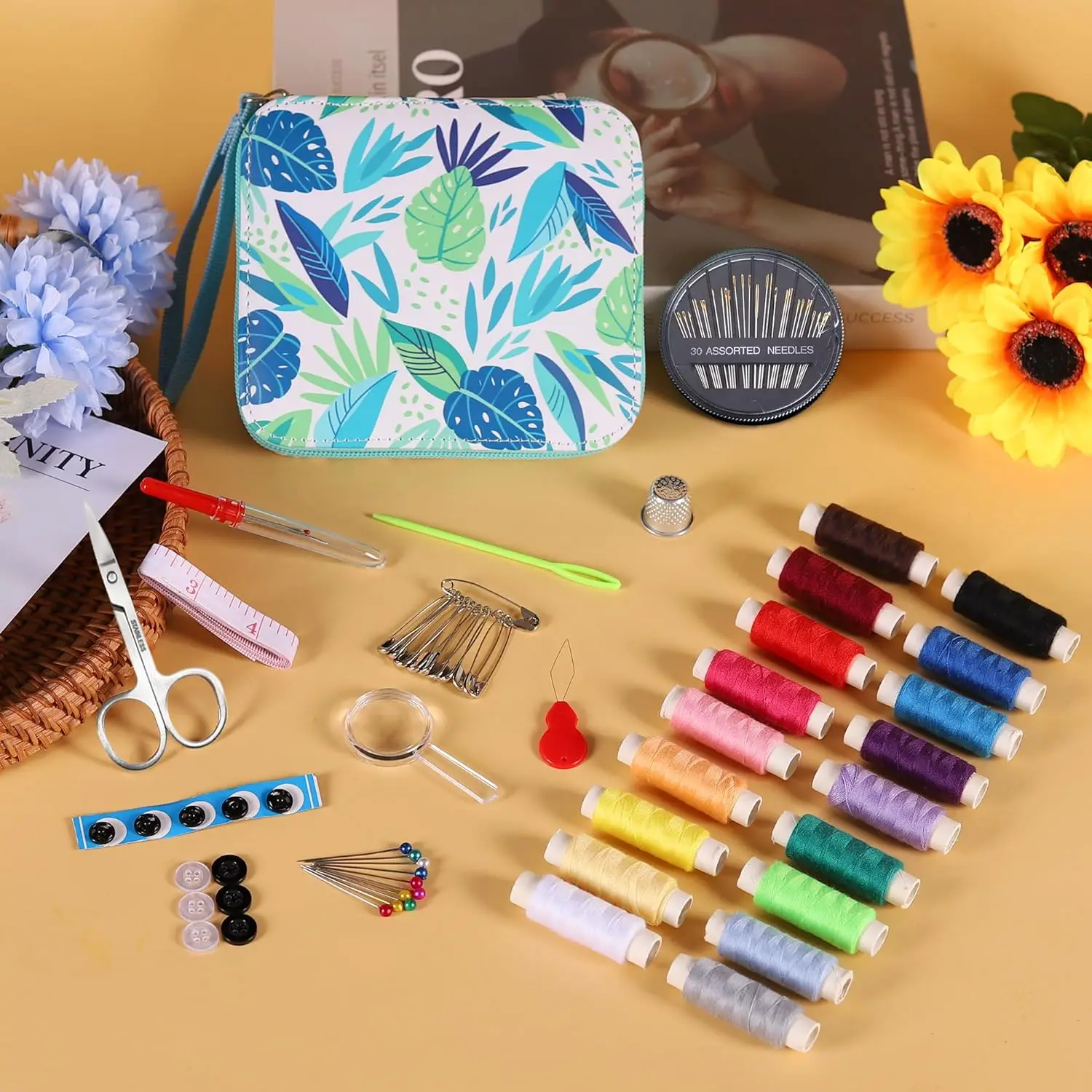 86pcs Blue Leaves pattern Sewing KIT for Beginner & Kids , Wholesale high-quality sets With Scissors Tape measure