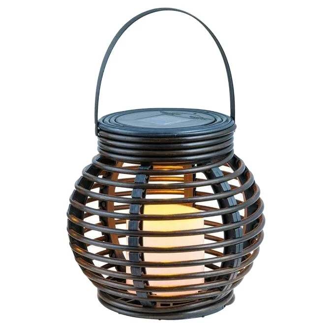 Round Rattan Lantern Solar Flame Light Powered LED Lamp Outdoor Hanging solar lamps outdoor