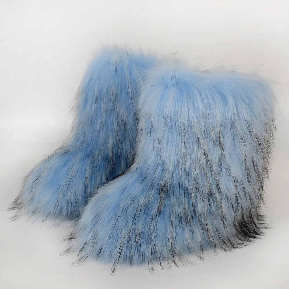 European and American flat heel high top Faux Fur Boots warm winter deep mouth round head medium tube fox fur snow boots