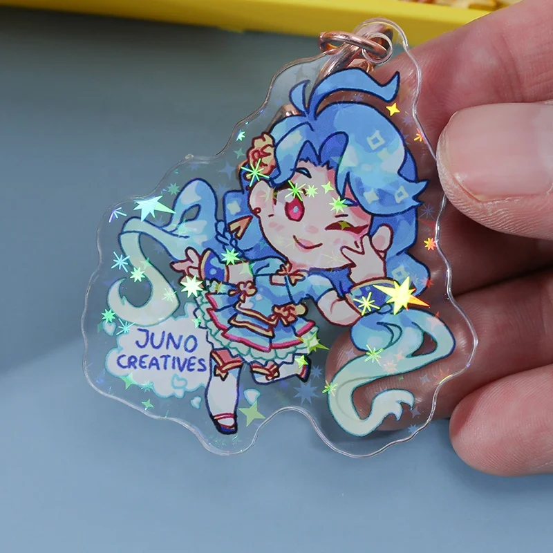 Juno creative die cut  laser cut anime Holographic holo rainbow glitter epoxy  clear custom Acrylic Charm