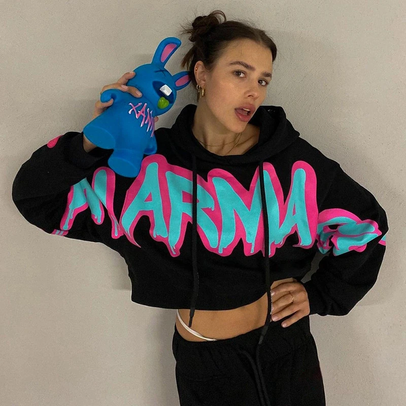 Customize Streetwear Hoodie Jogging Pants Set Fashion Fall 2022 Casual Letter Print Women Crop Top Tracksuit 2 Piece Set