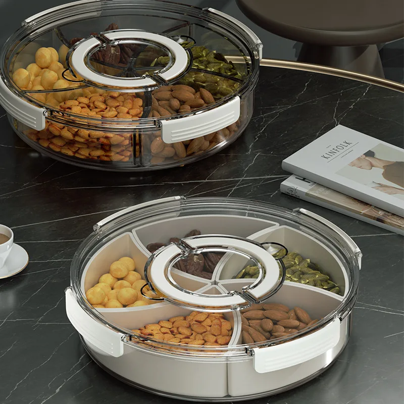 Home Transparent Food Storage Container Rotating Serving Tray 5 Compartment Round Snackle Box