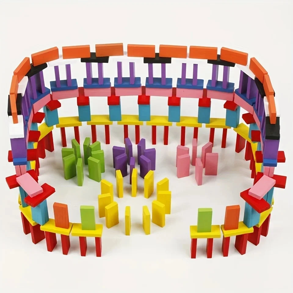 120pcs Colored Wooden Toys Domino Building Blocks Fun Puzzle Toy Early Educational Dominoes  for Kids 5-7 Years Rainbow Colours