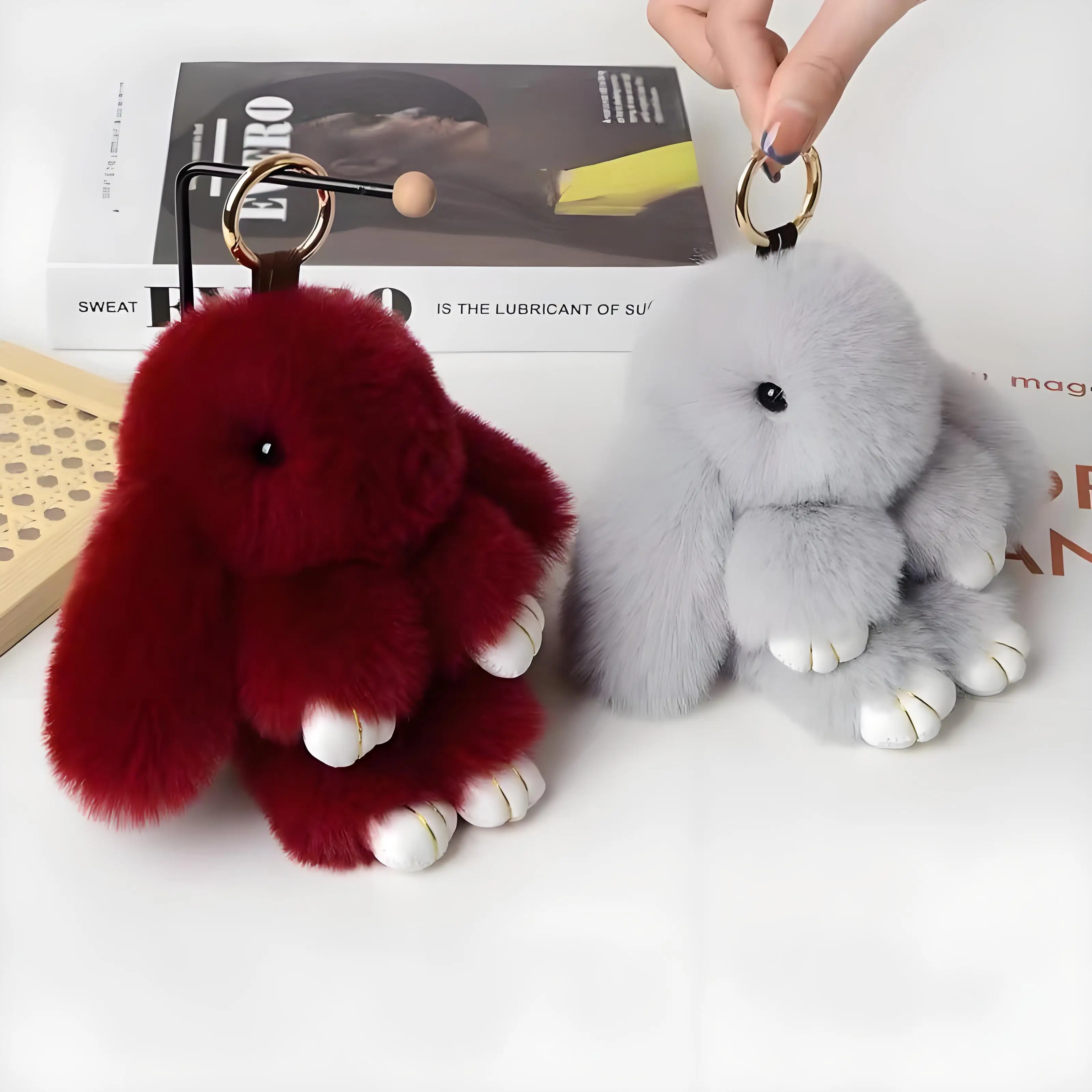 Plush Bunny Women Fur Pom Pom Keychain 15cm/18cm  Angel Rabbit Key Ring Hare Pompom Plush Dolls Toy Girls Bag Car Key Pendant