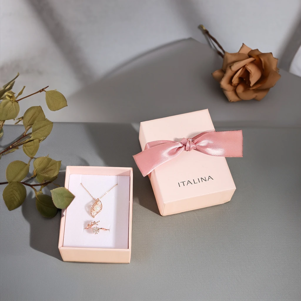Customizable Pink Paper Jewelry Packaging Box with Ribbon and Handle Sliding Earring Drawer and Custom Logo for Clothing Use
