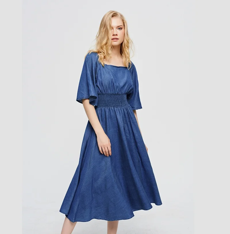 Модное высококачественное Синее джинсовое Повседневное платье до середины икры