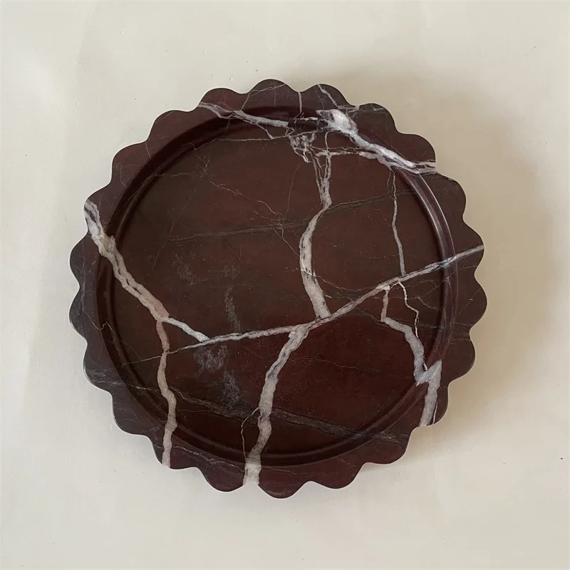 Hand Carved Rosso Levanto Marble Circular Scalloped Stone Tray And Jewelry Display Dish