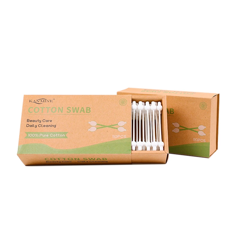 Eco-friendly Biodegradable Cleaning Organic 110Pcs Baby Gourd Head Paper Stick Cotton Bud With Kraft Box Package