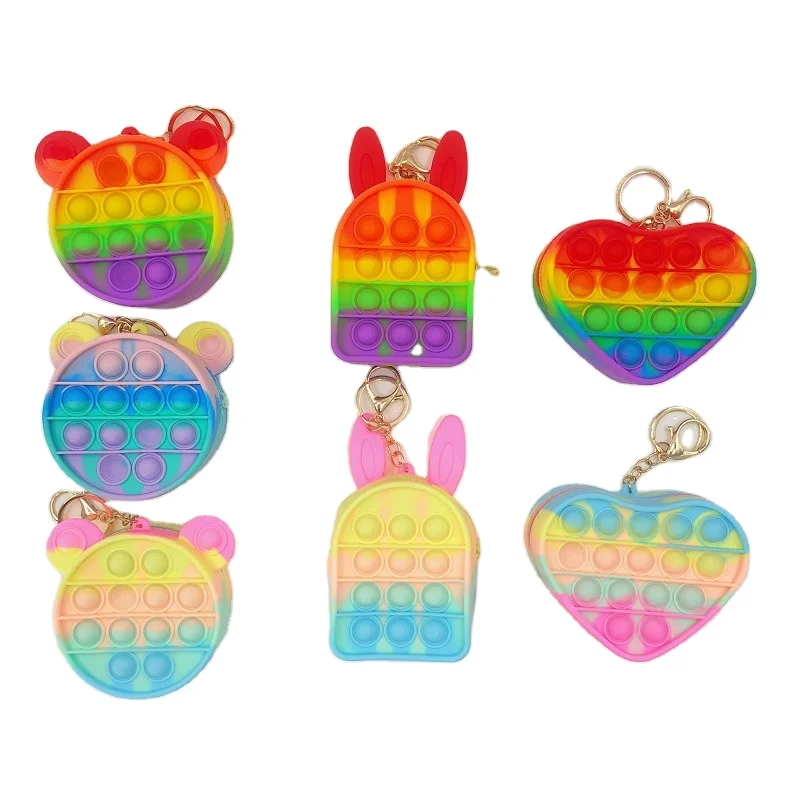 Cartoon Silicone Wallets Coin Zipper Push Popping Fidgets Key Chain Pop Fidget Toys Silicone Popper Pouch