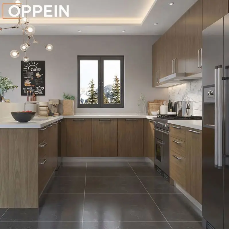 OPPEIN Wholesale Italian Free Standing Set Ebony Marble Tops Kitchen Cabinet Plywood