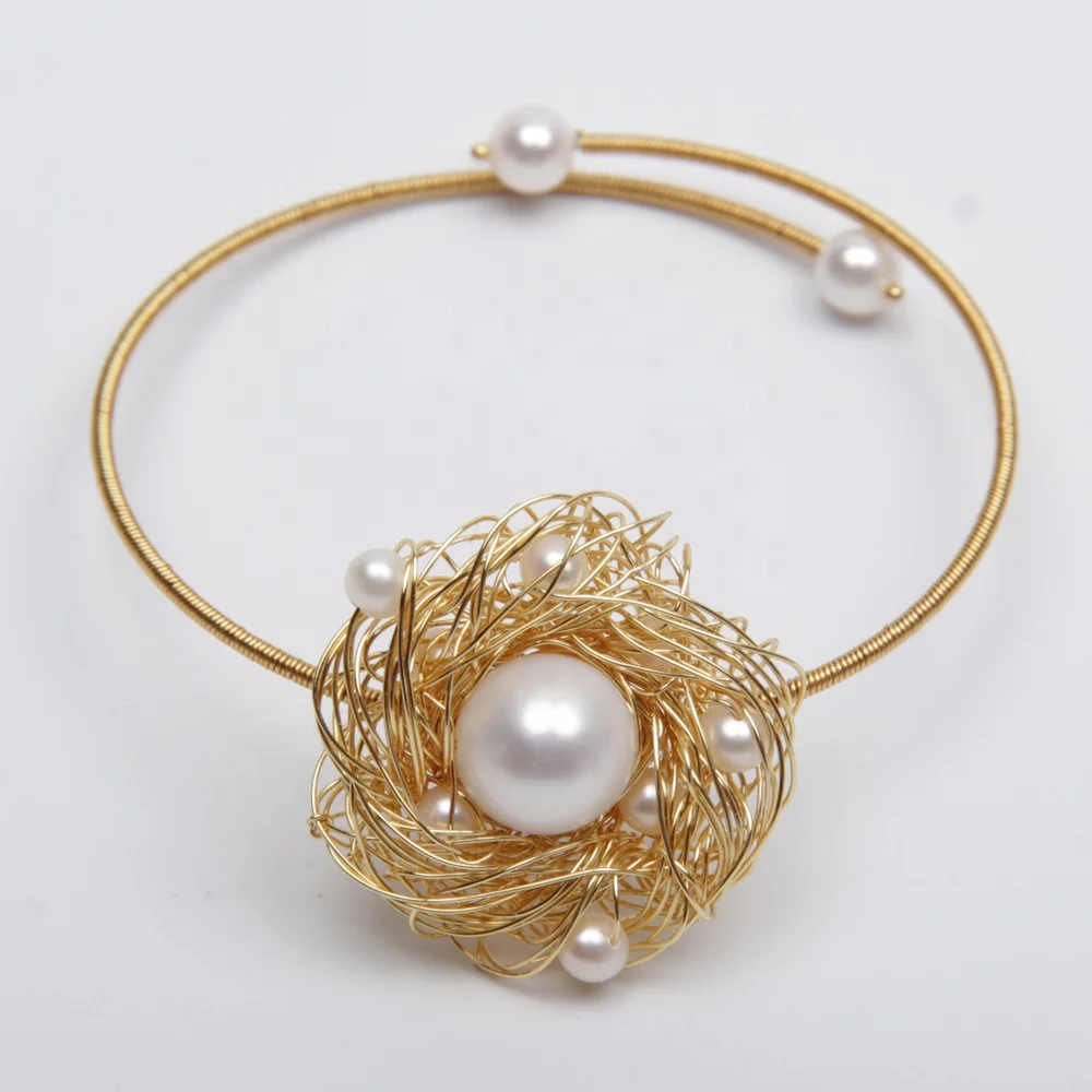 Стрейчевый браслет ручной работы с золотым наполнителем Подсолнух пресноводный жемчуг