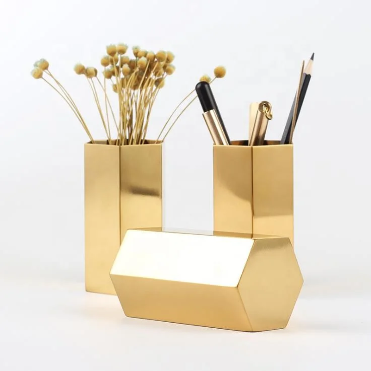 Gold circular Hexagon pen container