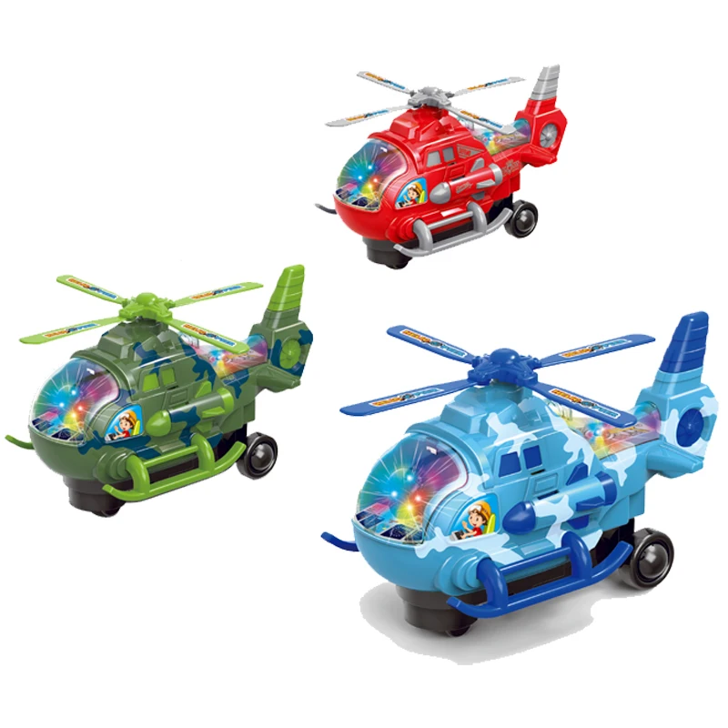 QS New Arrival Kids Preschool Plastic Airplane Toys 3 Colors Military Theme Electric Helicopter Set Toys With Music Light