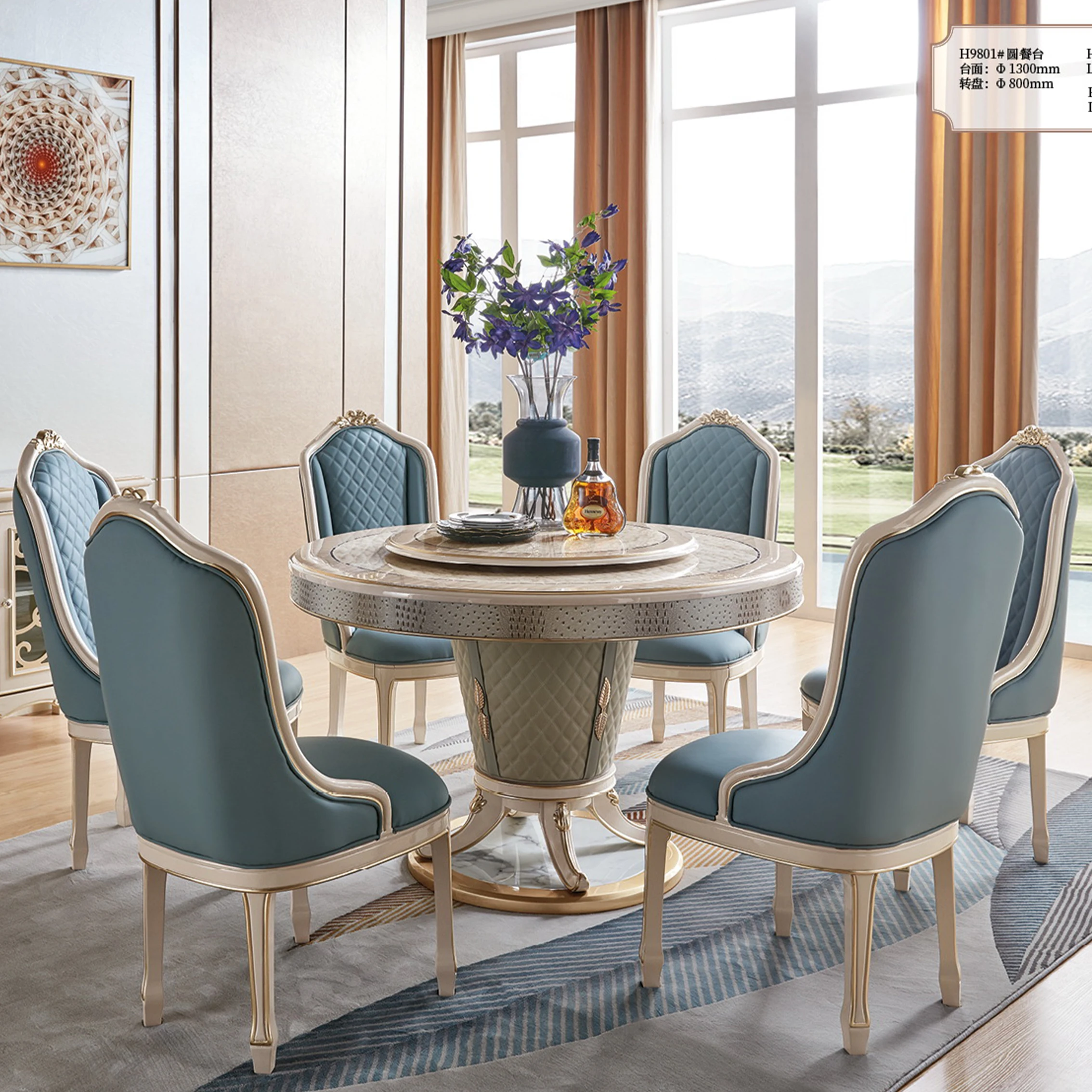 European modern luxury classic dining room furniture set carved solid wood marble top round dining table with 6 leather chairs