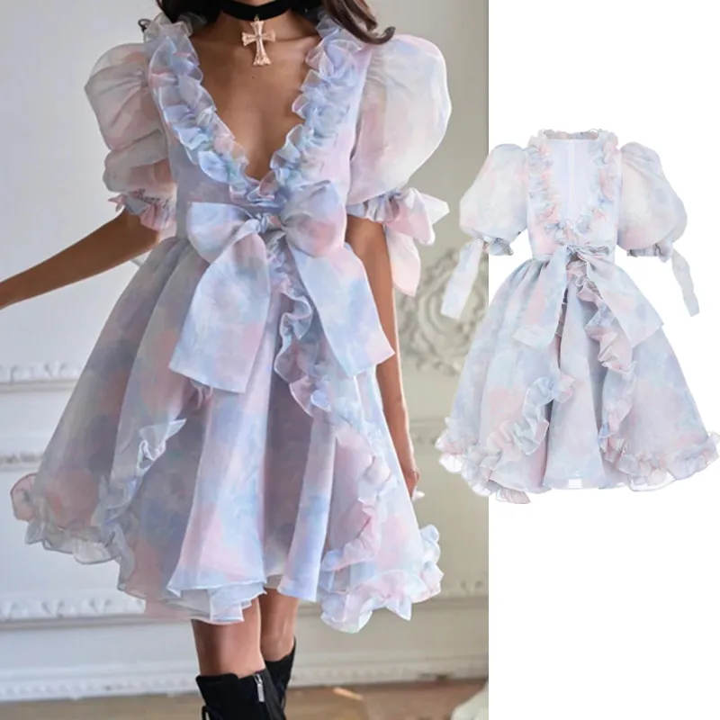 New Style Short Sleeve Printed Multi Color V Neck With Ruffle Ladies Casual Fashion  Evening dresses.