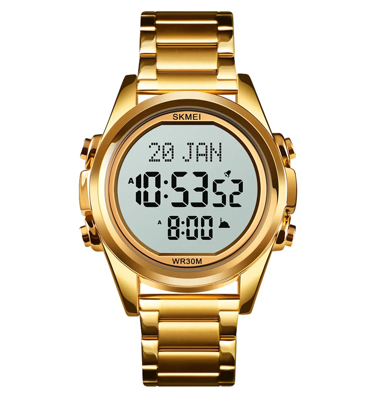 SKMEI 1667 Qibla Time LED Golden Stainless Steel Digital Watch Luxury Muslim Prayer Wristwatch For Men