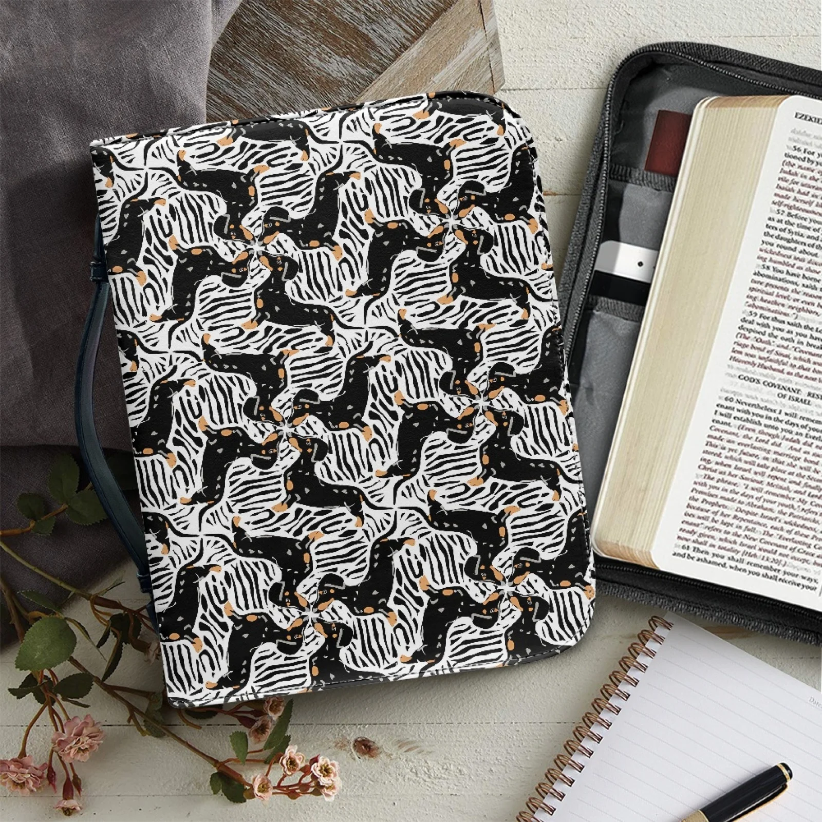 Custom Pattern Leather Bible Cover Book Cover Planner Cover with Handle Inside Pen Slots and Pockets for Men Women Bible Bag