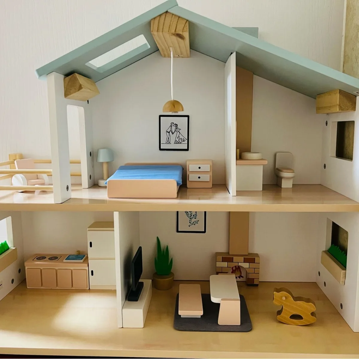 Kids Two Layer Doll House Toy Educational Role Pretend Play Simulation Nordic Style Wooden Dollhouse Furniture Girls Villa Toys