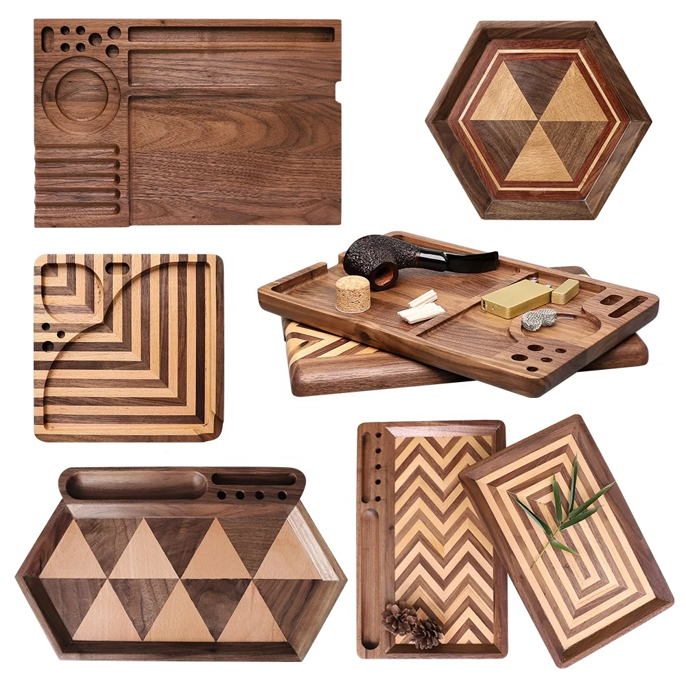 Black Walnut Wood Tray Rolling Storage Stash box  Lock high grade quality wooden Serving trays Decorative Display plate cigar