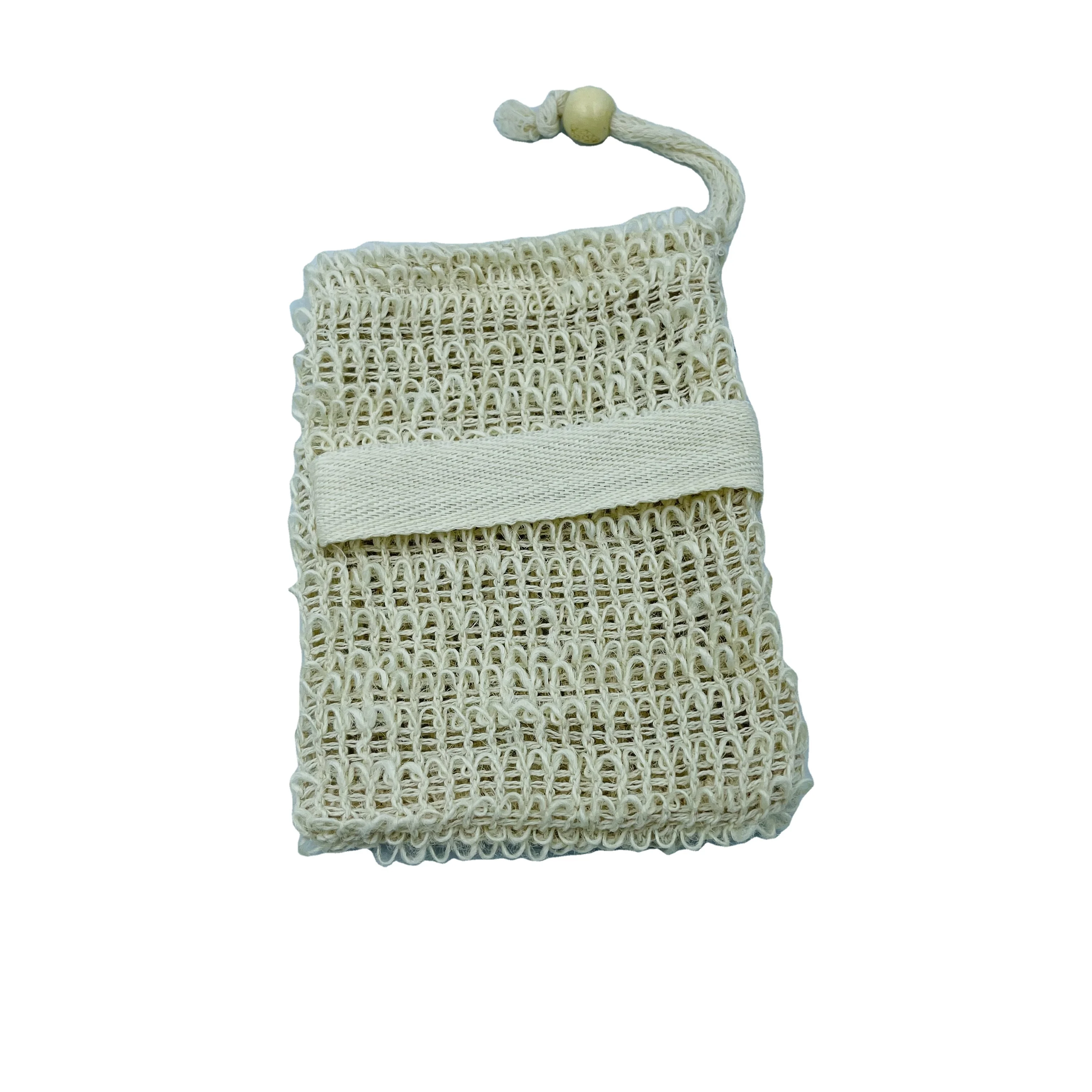 100% Natural Beige Ramie Soap Sock Bag with Cotton Holder Sisal Loofah Net Pouch for Bath Foaming and Drying
